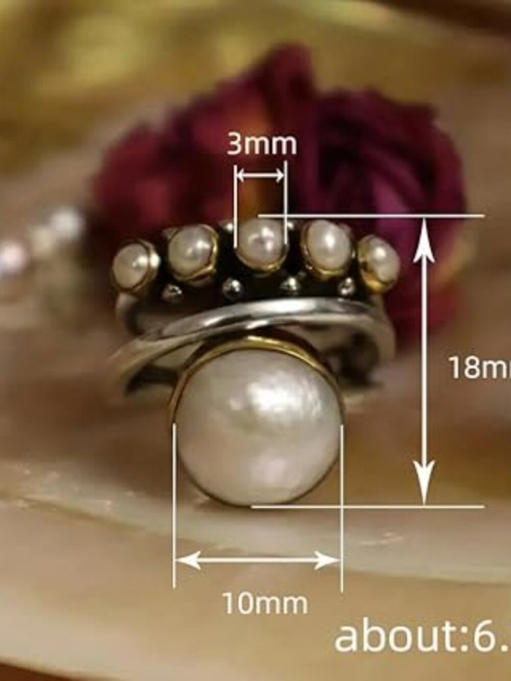 Silver Ring Three Layers Cross Pearl Ring Statement Ring Handmade Boho Sz 7 - Picture 4 of 4
